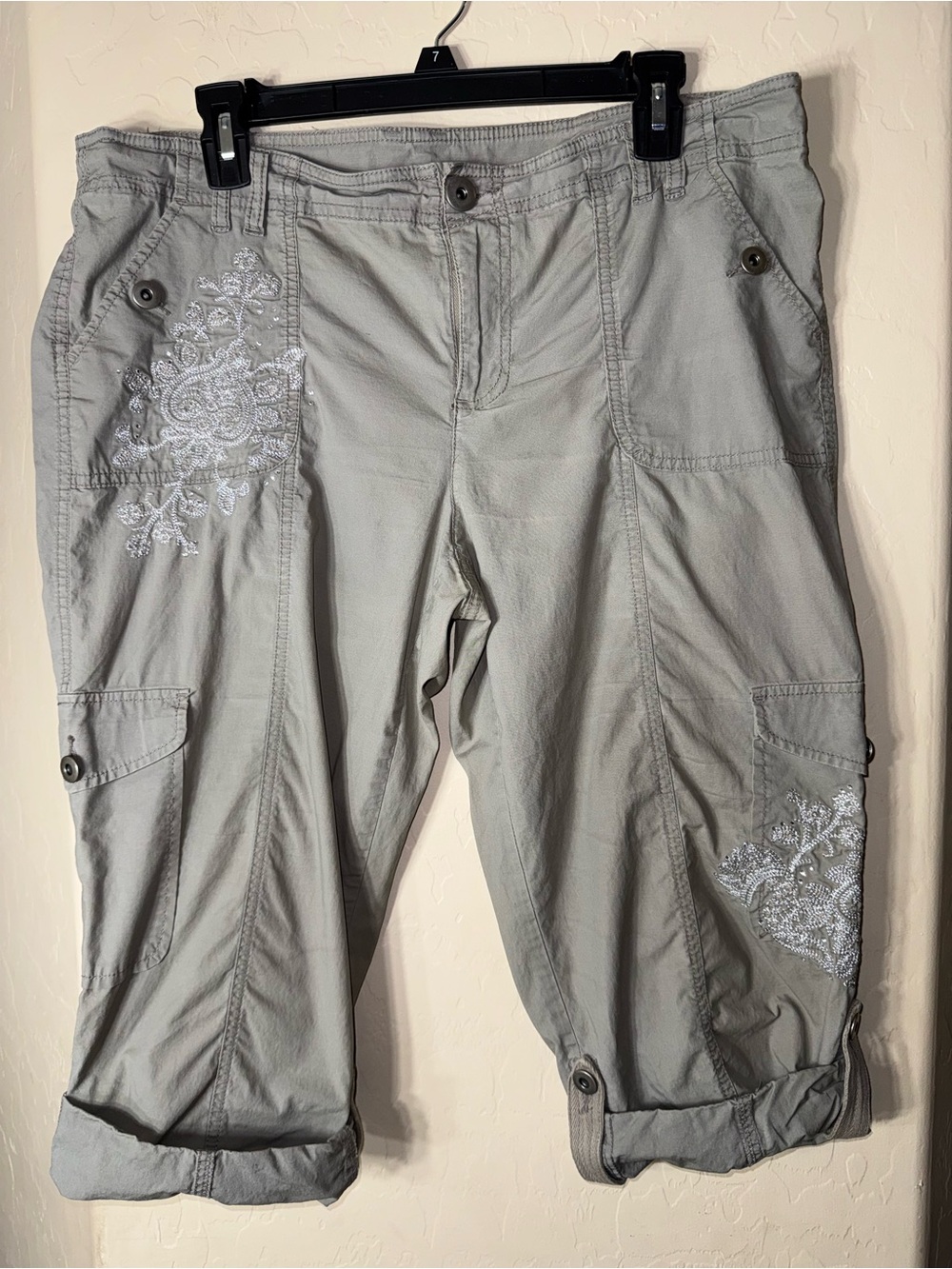 INC International Concepts Gray Embroidered Cargo Capri Pants Utility Roll Tab